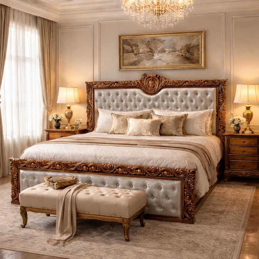 🛏️ Royal Carved Upholstered Bed